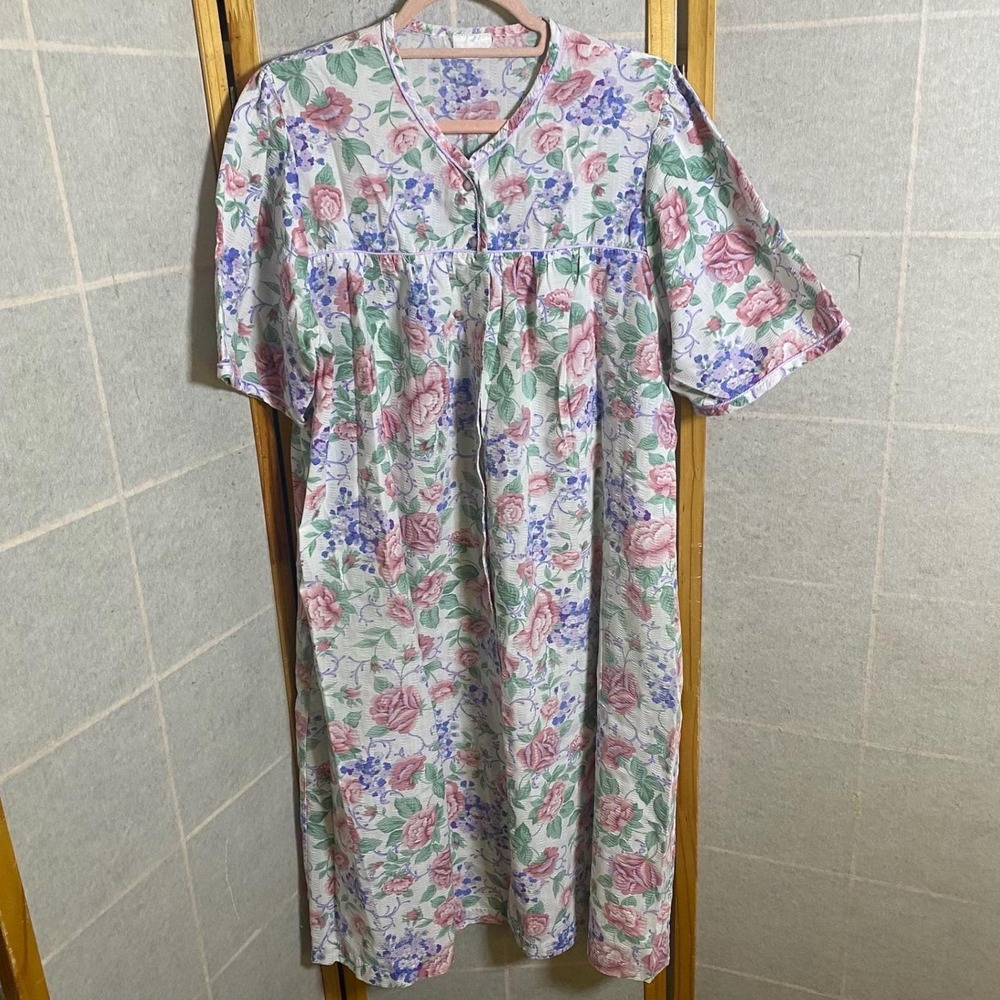 Vintage Coffee Time Floral‎ Nightgown Pink Rose Purple Flower Maxi Dress